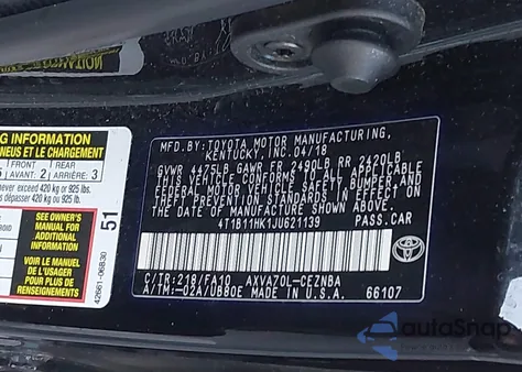 2018 Toyota Camry Le из США, поврежденный, VIN 4T1B11HK1JU621139